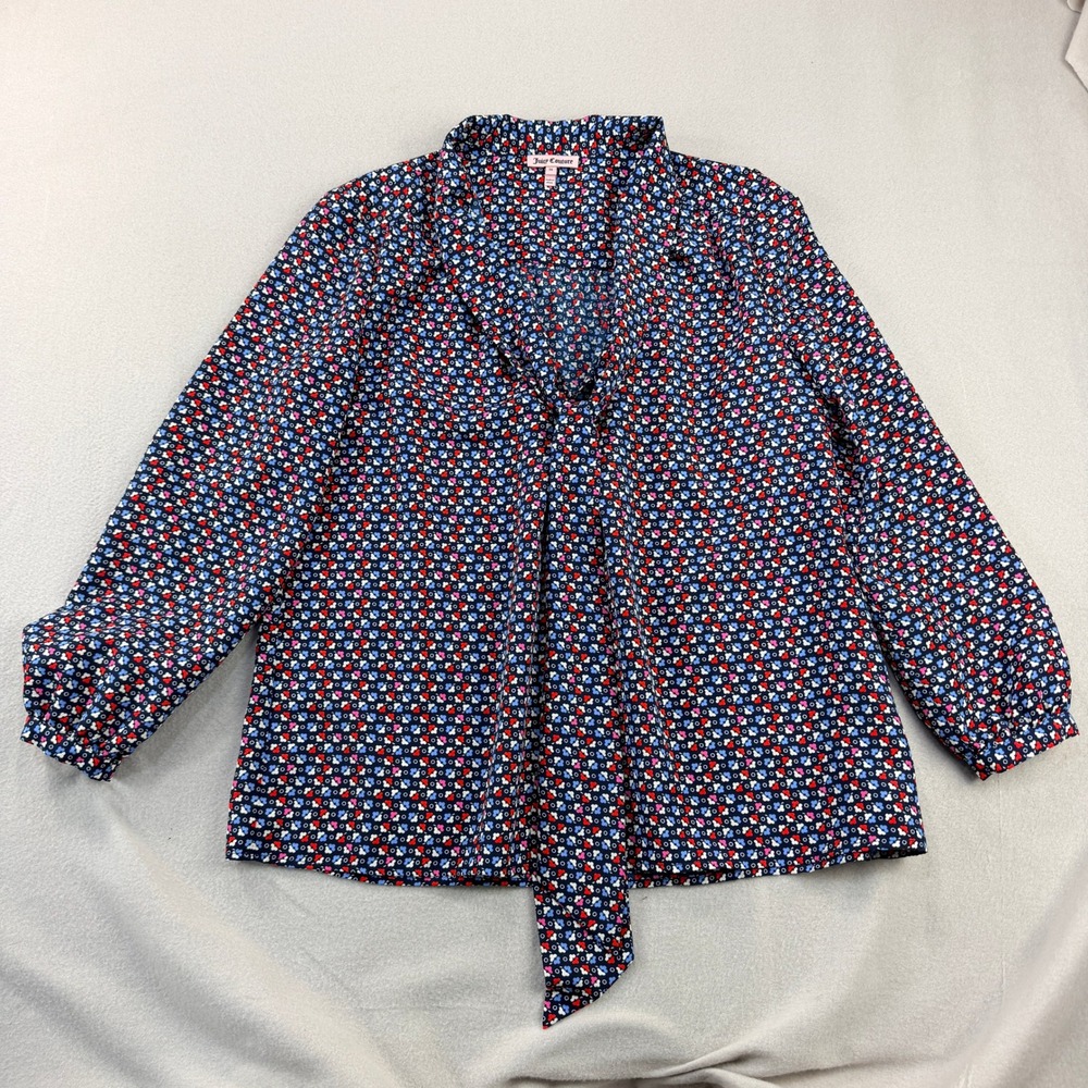 Juicy Couture Women Medium Navy Floral V Neck Tie Long Sleeve Blouse Career Top